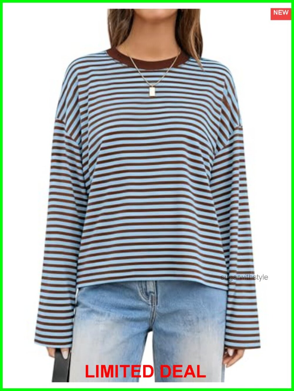 Oversized Striped Crewneck Long Sleeve T-Shirt Drop Shoulder Casual Y2K